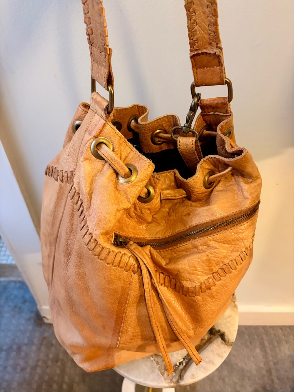 Anthropology Tan Leather Drawstring Hobo Bag with Whipstitch Detail - Picture 3 of 7